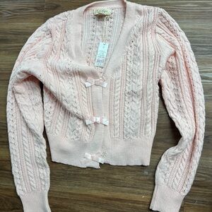 Pink Cable Knit Cardigan with Bows